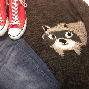 NWOT Grey sweater with raccoon detail